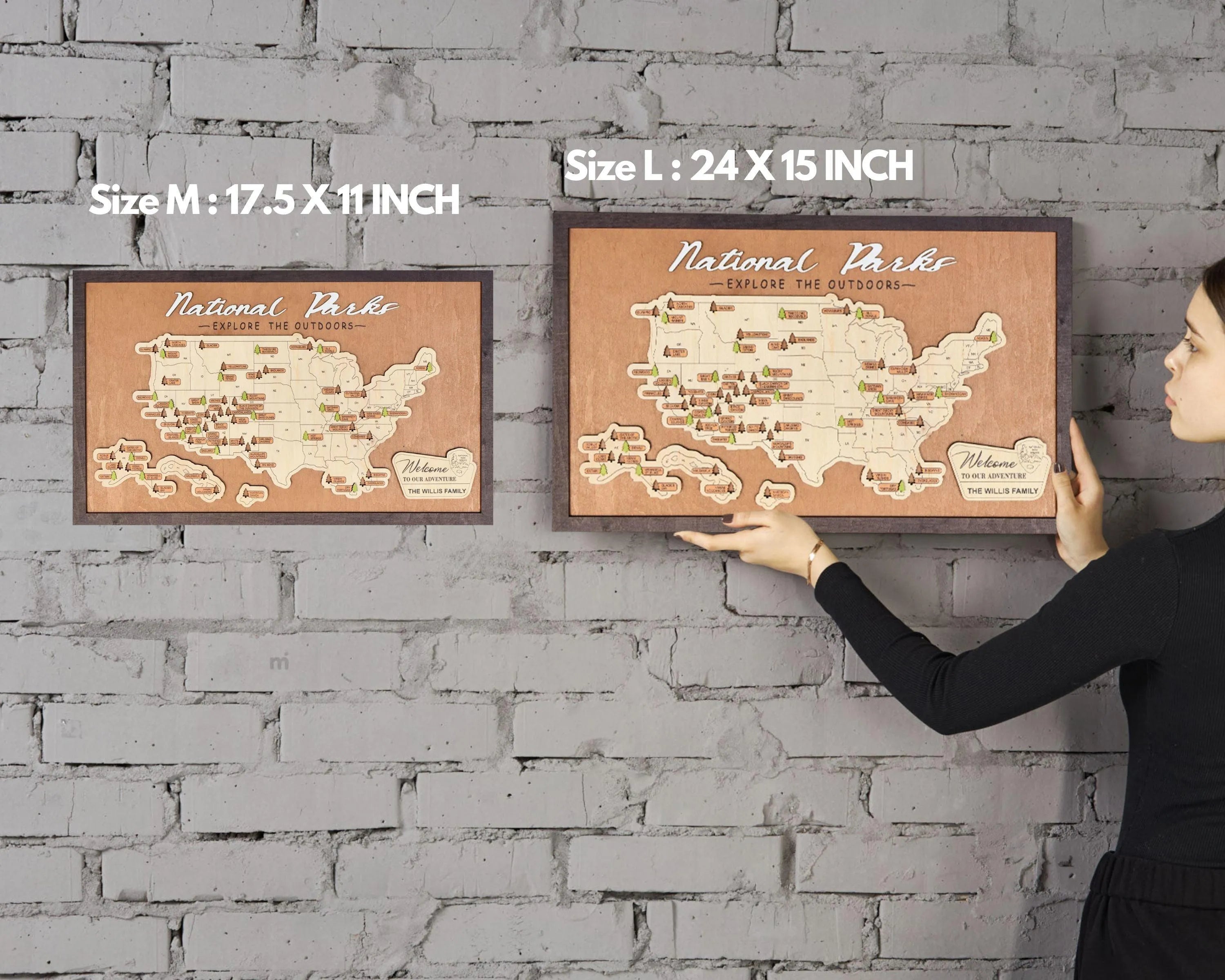 US Wooden National Parks Travel Map With Trees To Record Park Visits (Light Walnut) - Lemap