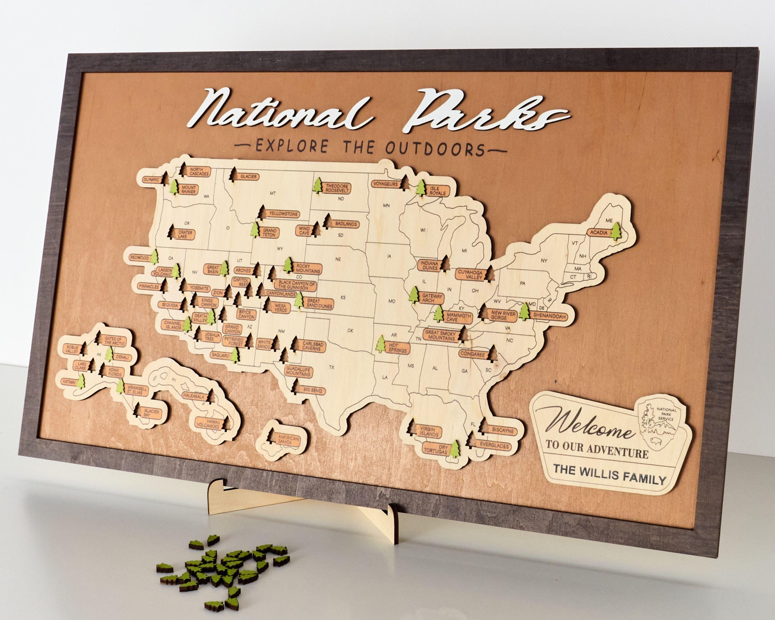 US Wooden National Parks Travel Map With Trees To Record Park Visits (Palisander) - Lemap