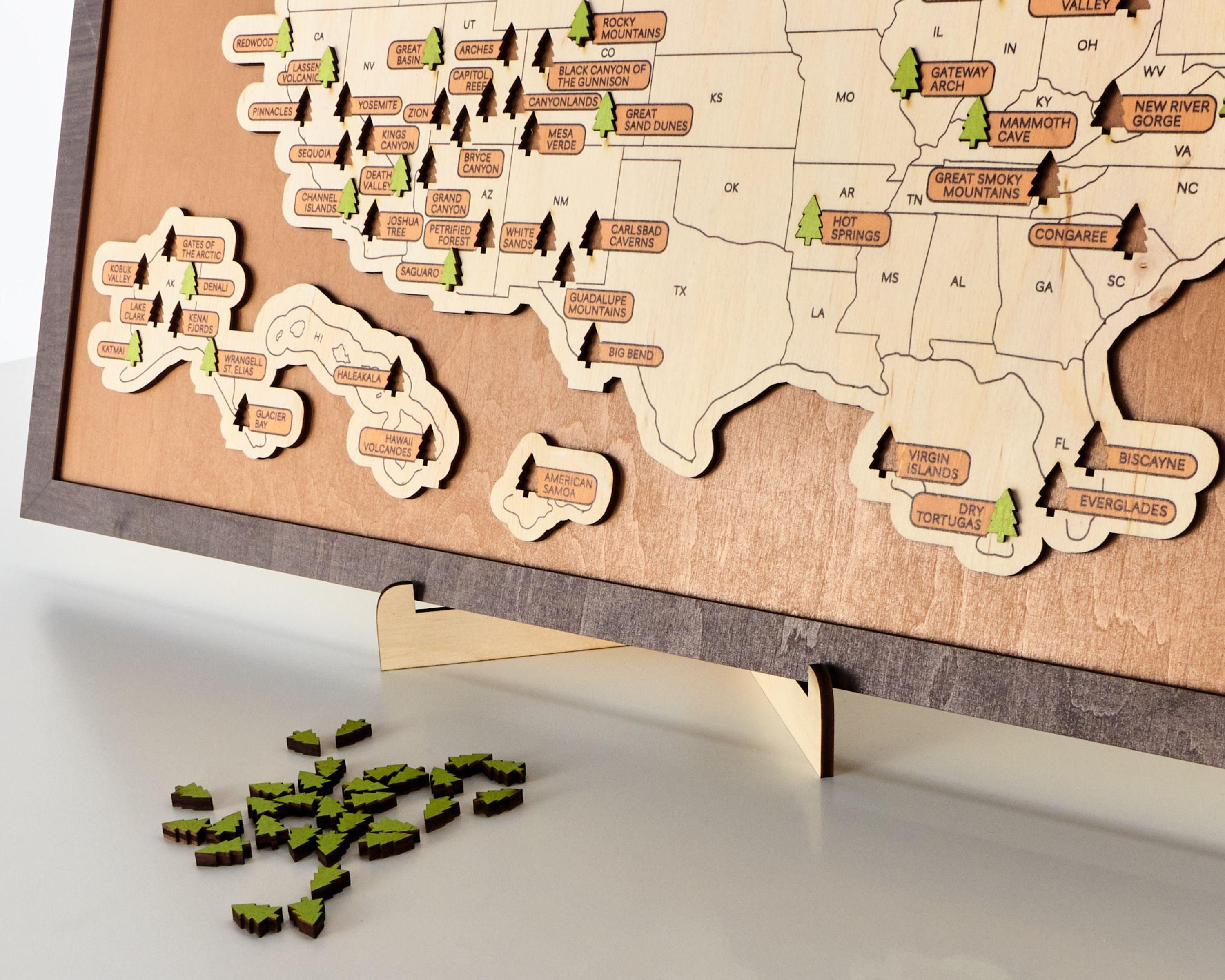 US Wooden National Parks Travel Map With Trees To Record Park Visits (Palisander) - Lemap