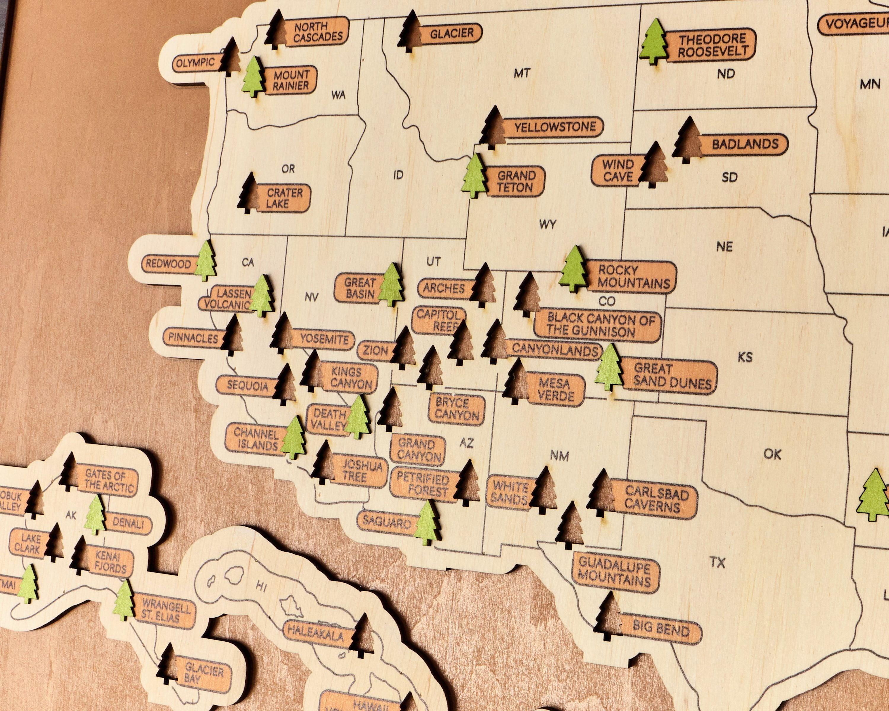 US Wooden National Parks Travel Map With Trees To Record Park Visits (Palisander) - Lemap