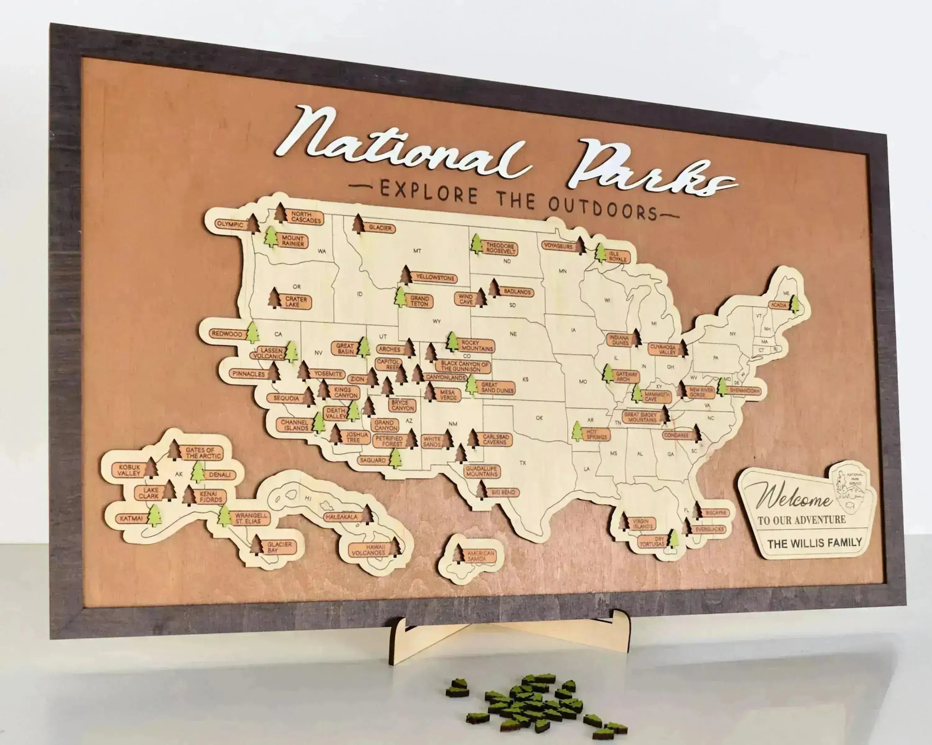 US Wooden Map Of National Parks With Trees To Record Park Visits