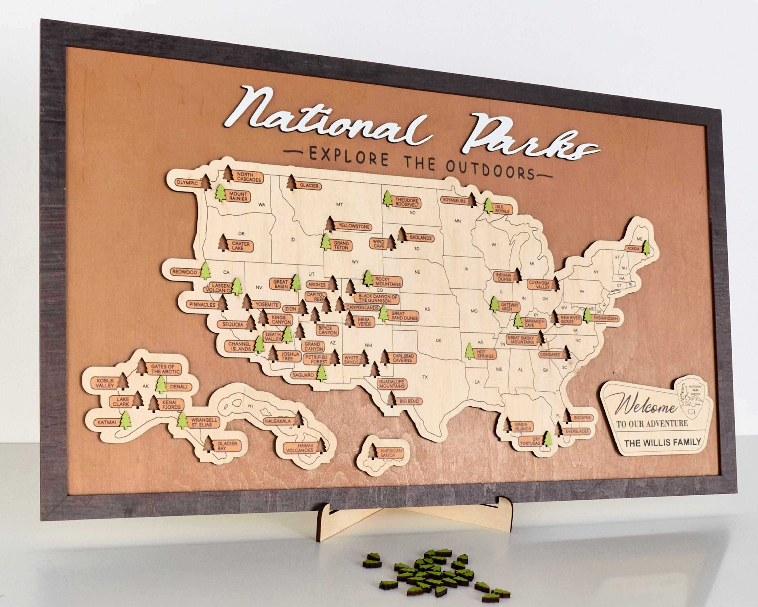 US Wooden National Parks Travel Map With Trees To Record Park Visits (Palisander) - Lemap