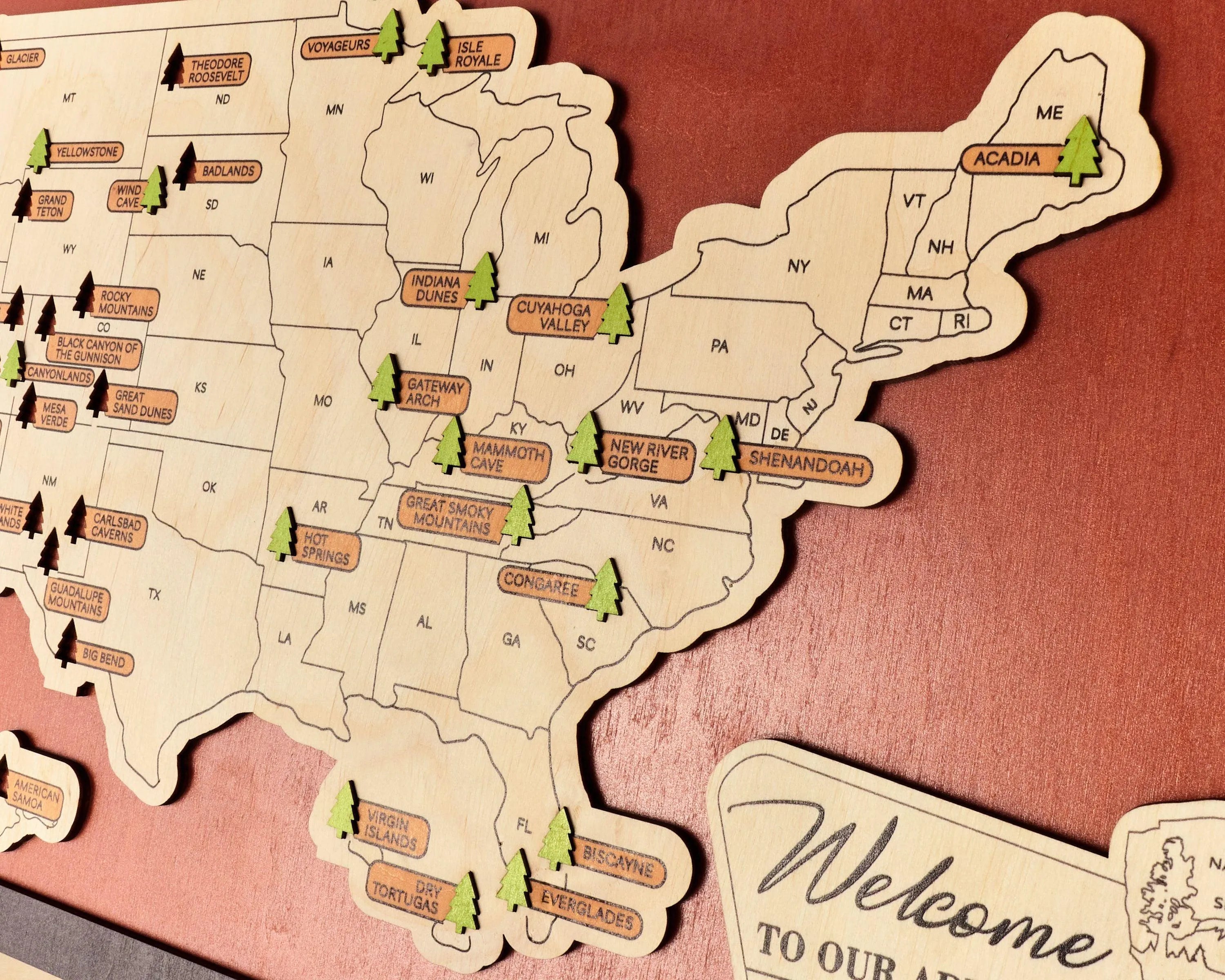 US Wooden National Parks Travel Map With Trees To Record Park Visits (Red) - Lemap