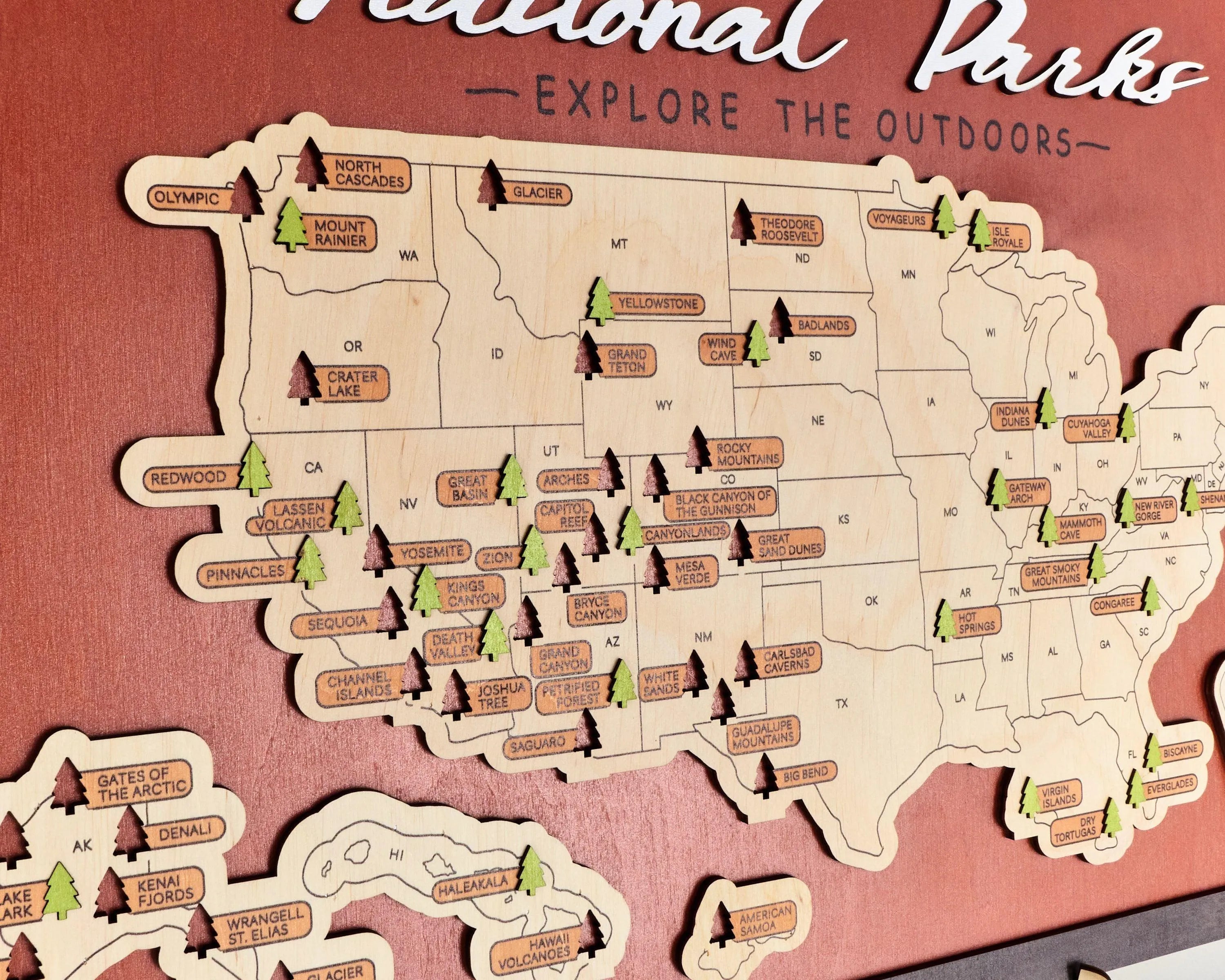 US Wooden National Parks Travel Map With Trees To Record Park Visits (Red) - Lemap